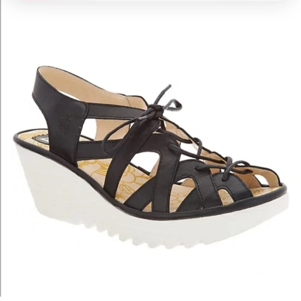 Fly London Yapi749 black leather lace up wedge sandals